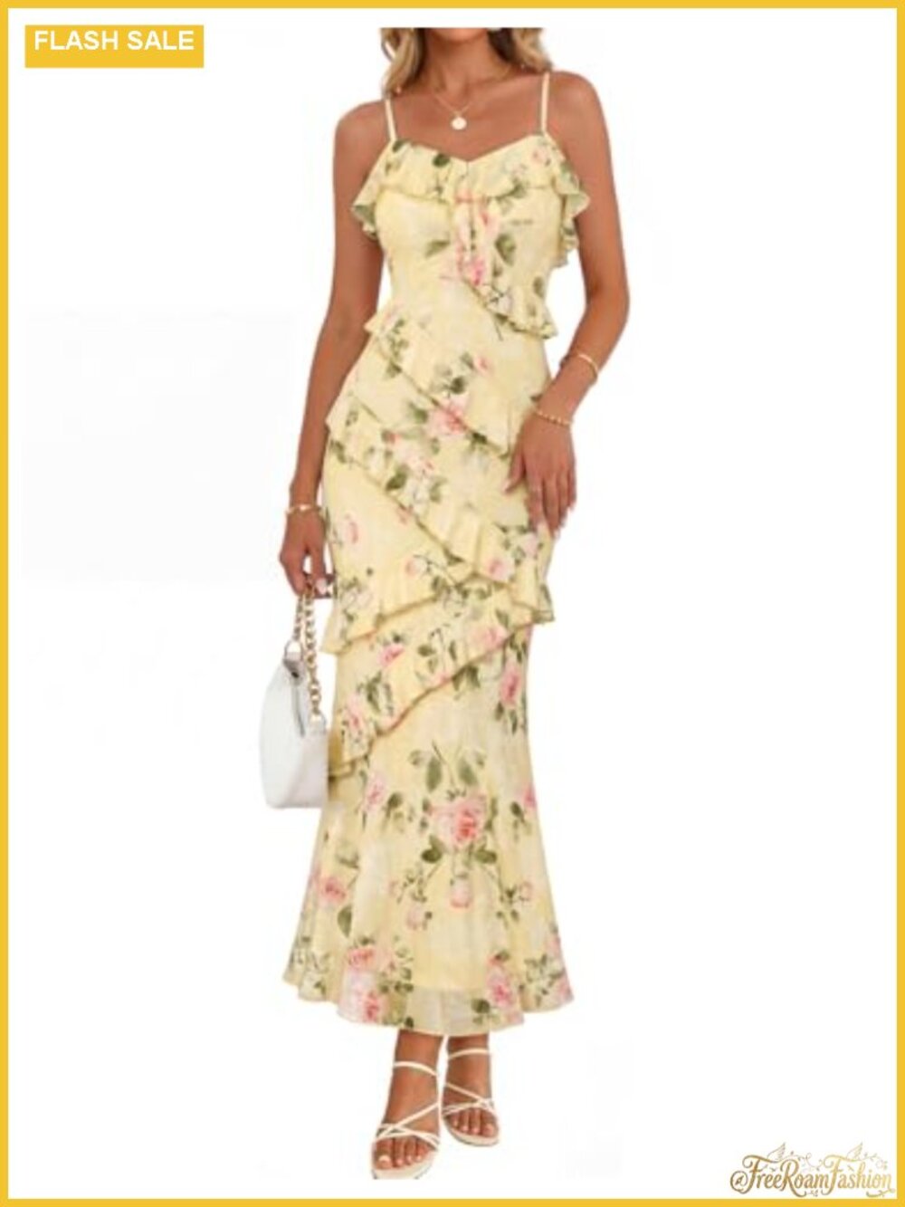 Floral Maxi Dress Bodycon V-Neck Sleeveless Ruffle Trim Summer Party